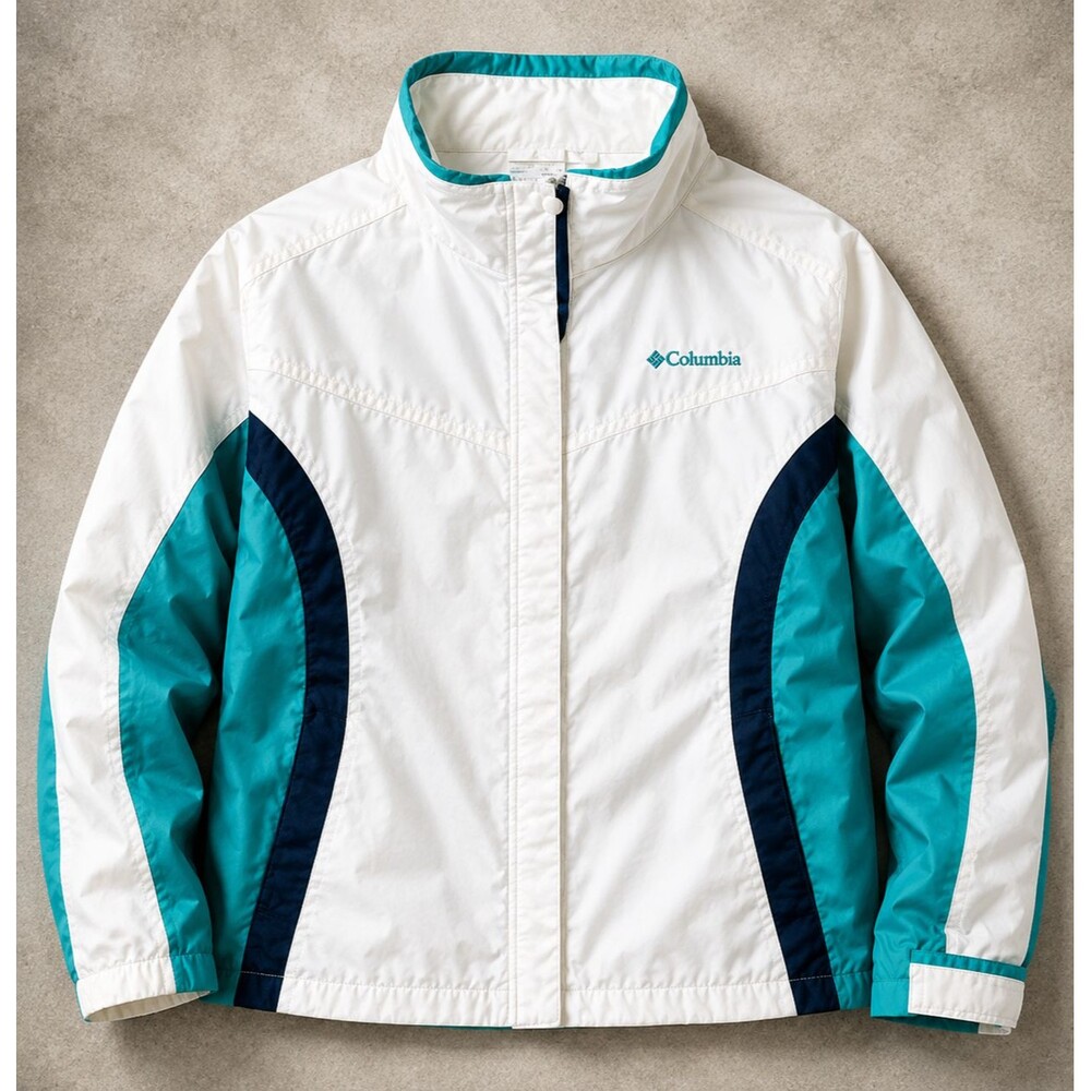 Columbia Windbreaker Womens XL White Teal Colorblock Full Zip Jacket Vintage